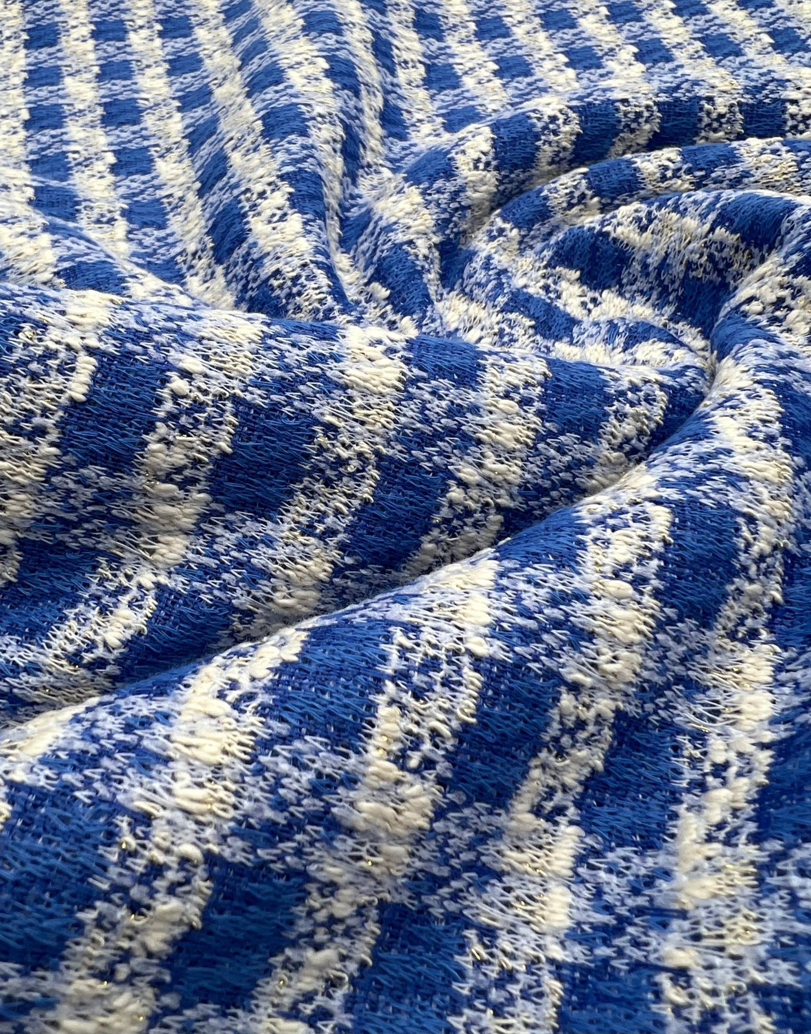 Blue White Gingham Gold Speckles Jacquard Stretch Fabric - T9 Fabrics